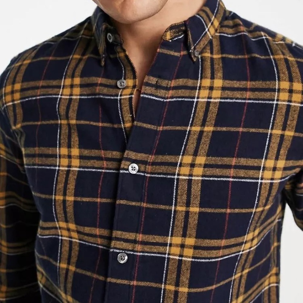 French Connection Shirt Navy Orange Red Check Flannel